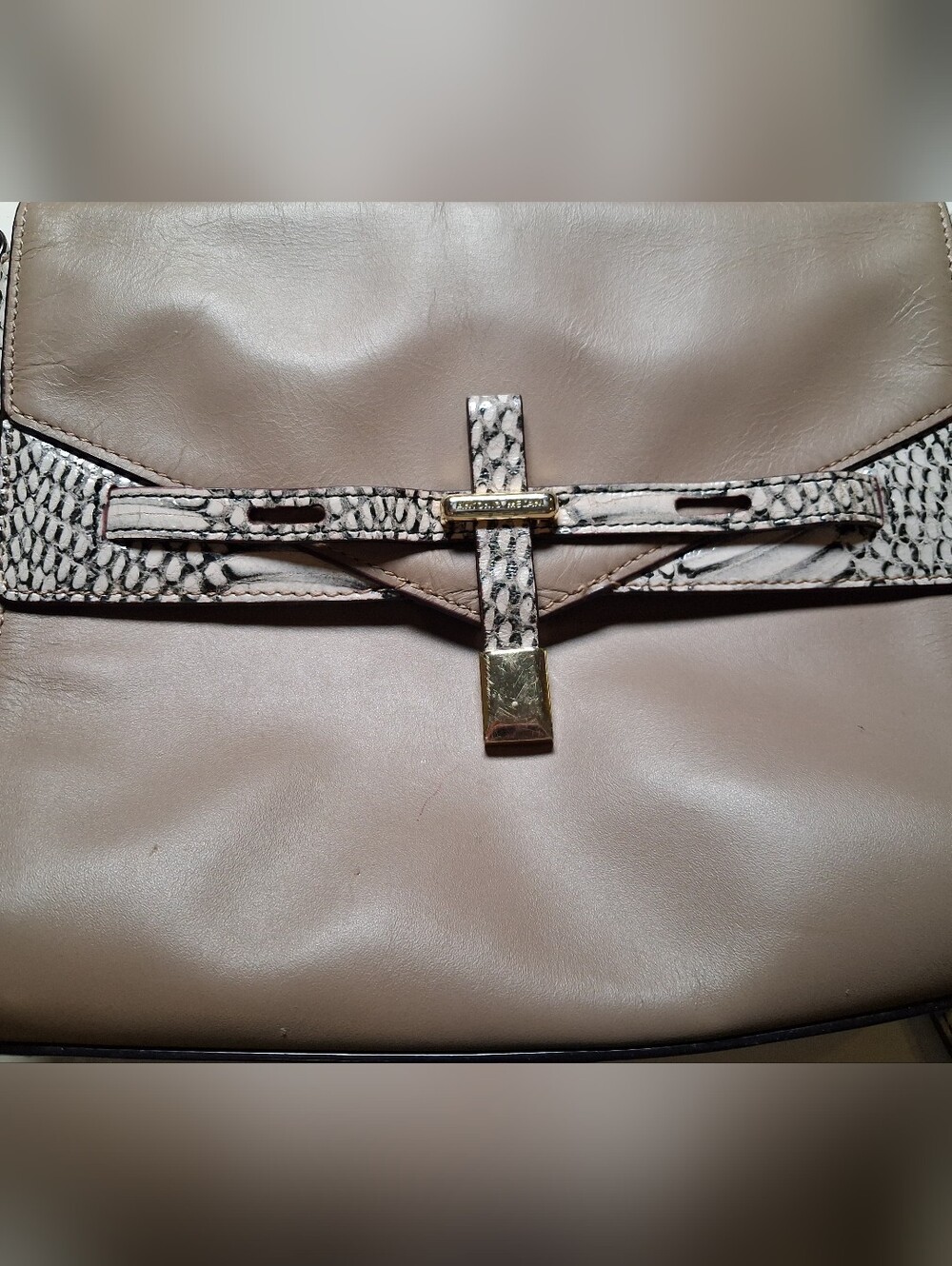 ANTONIO MELANI Taupe Crossbody with Snake-Print Trim and Gold Hardware